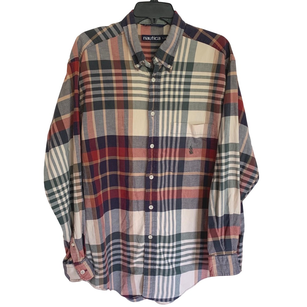 Nautica Men's L Plaid Button Down Collar Shirt Cotton‎ Long Sleeve Multicolor
